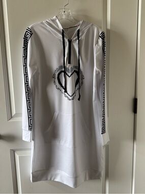 White Hooded Sweatshirt Dress with Black Heart Graphic